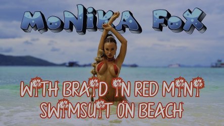 Hot Monika Fox With Braid In Red Mini Swimsuit on Beach small screenshot